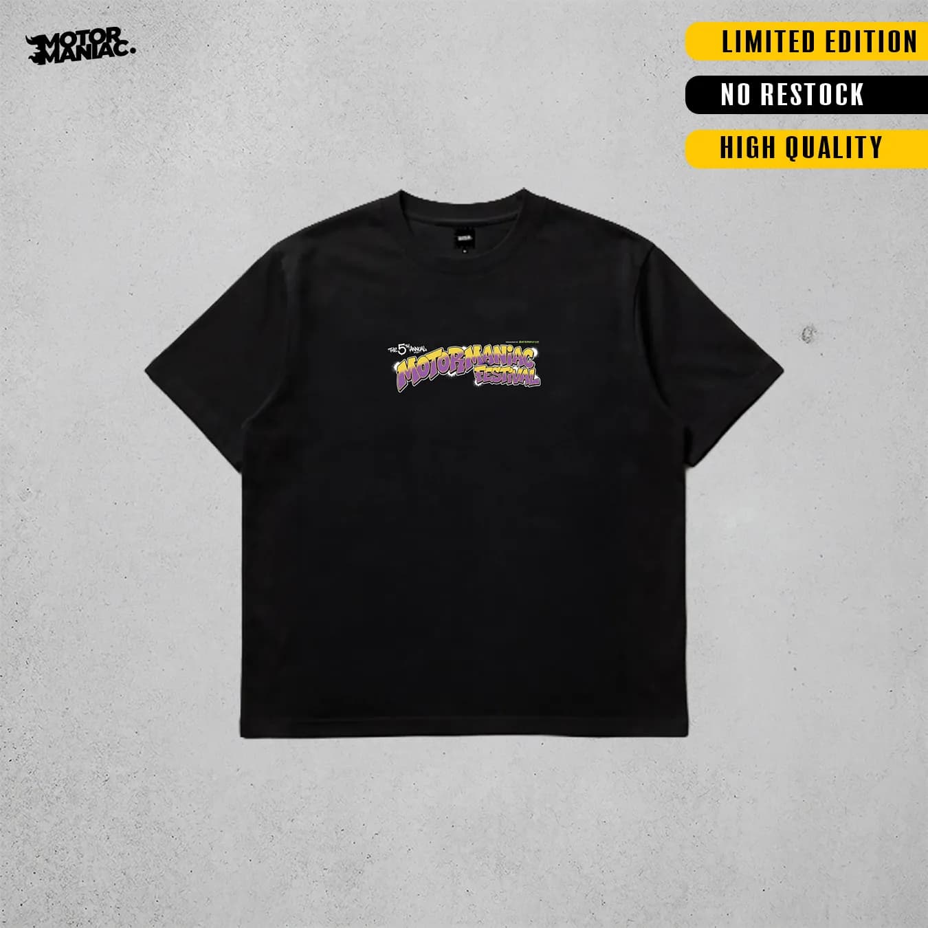 Official 5th Motormaniac Annual Festival T-Shirt, Black