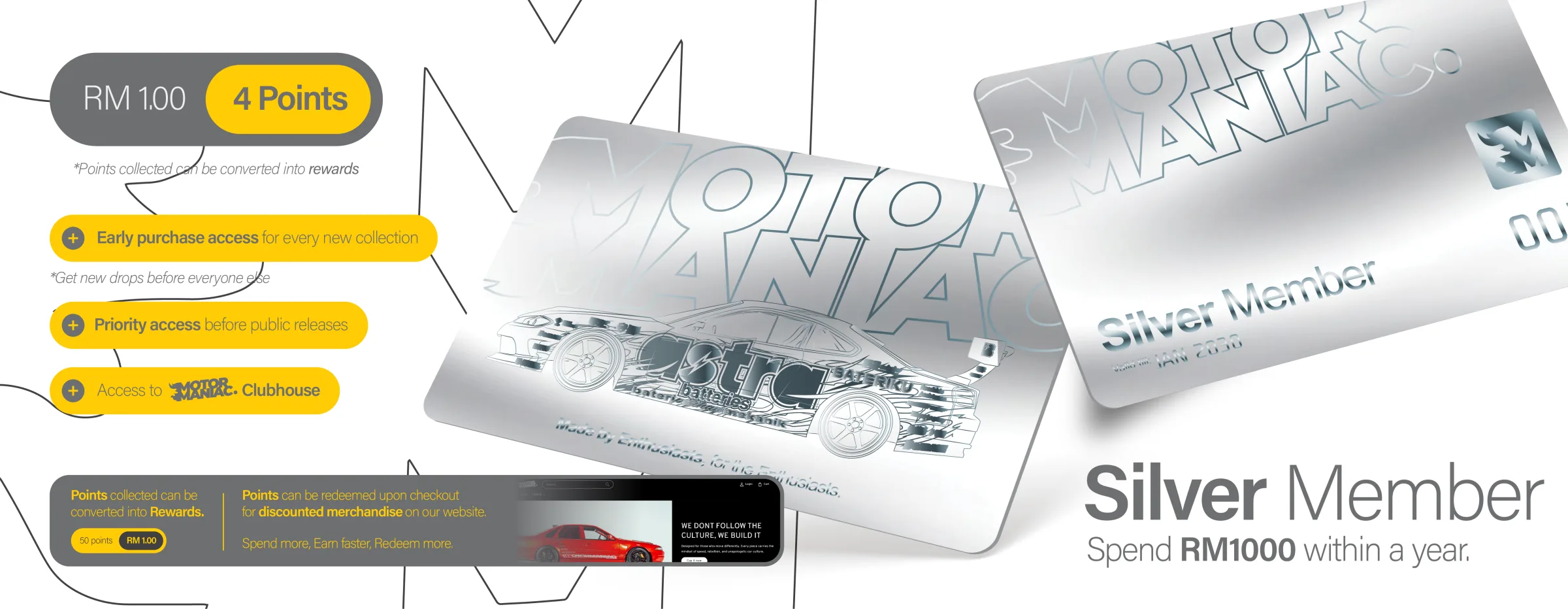 Silver Member: spend RM1000 within a year. RM1.00 earns 4 points. Early purchase access for every new collection, priority access before public releases, and access to the Motormaniac Clubhouse.